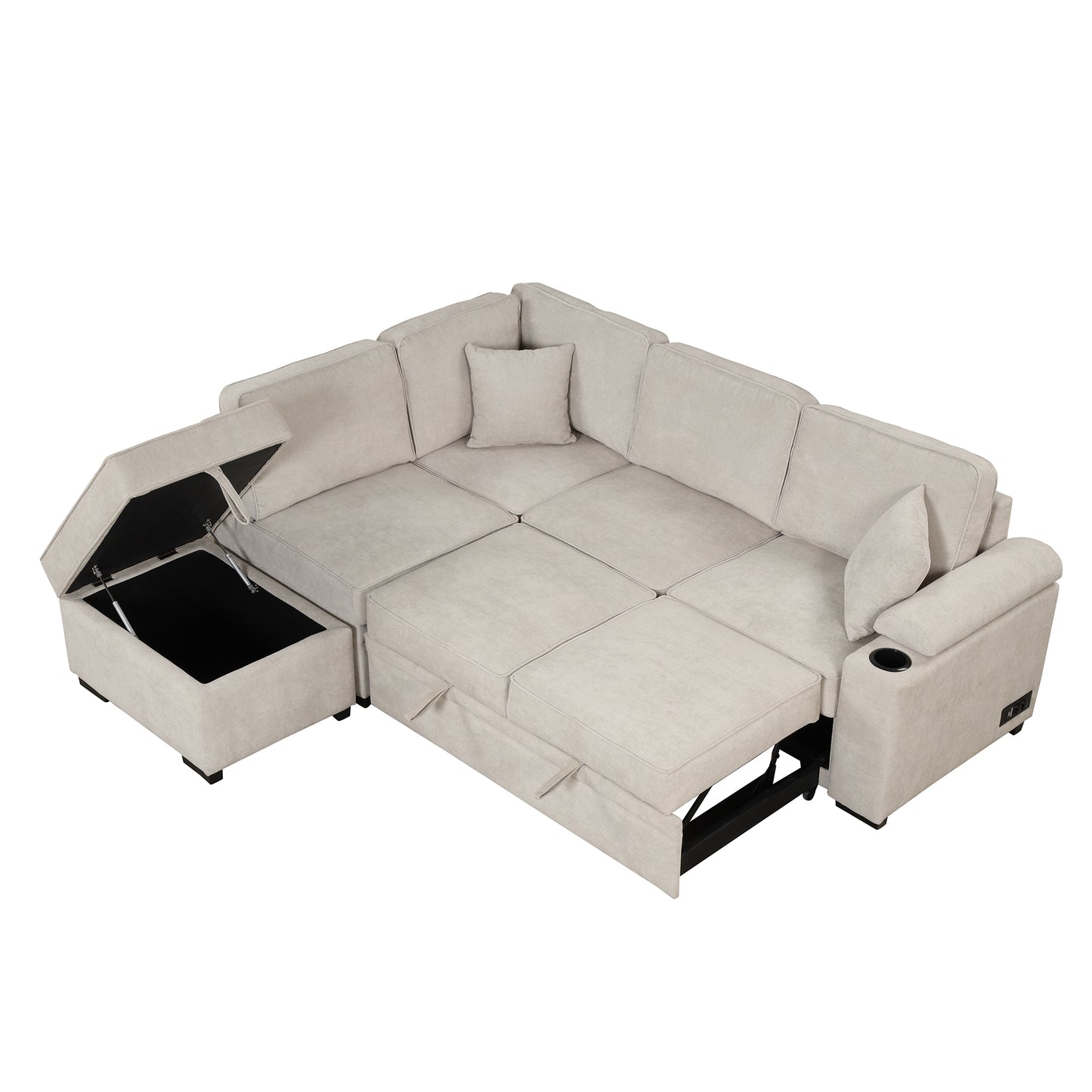 Beige linen sectional sofa with hidden storage chaise and pullout bed