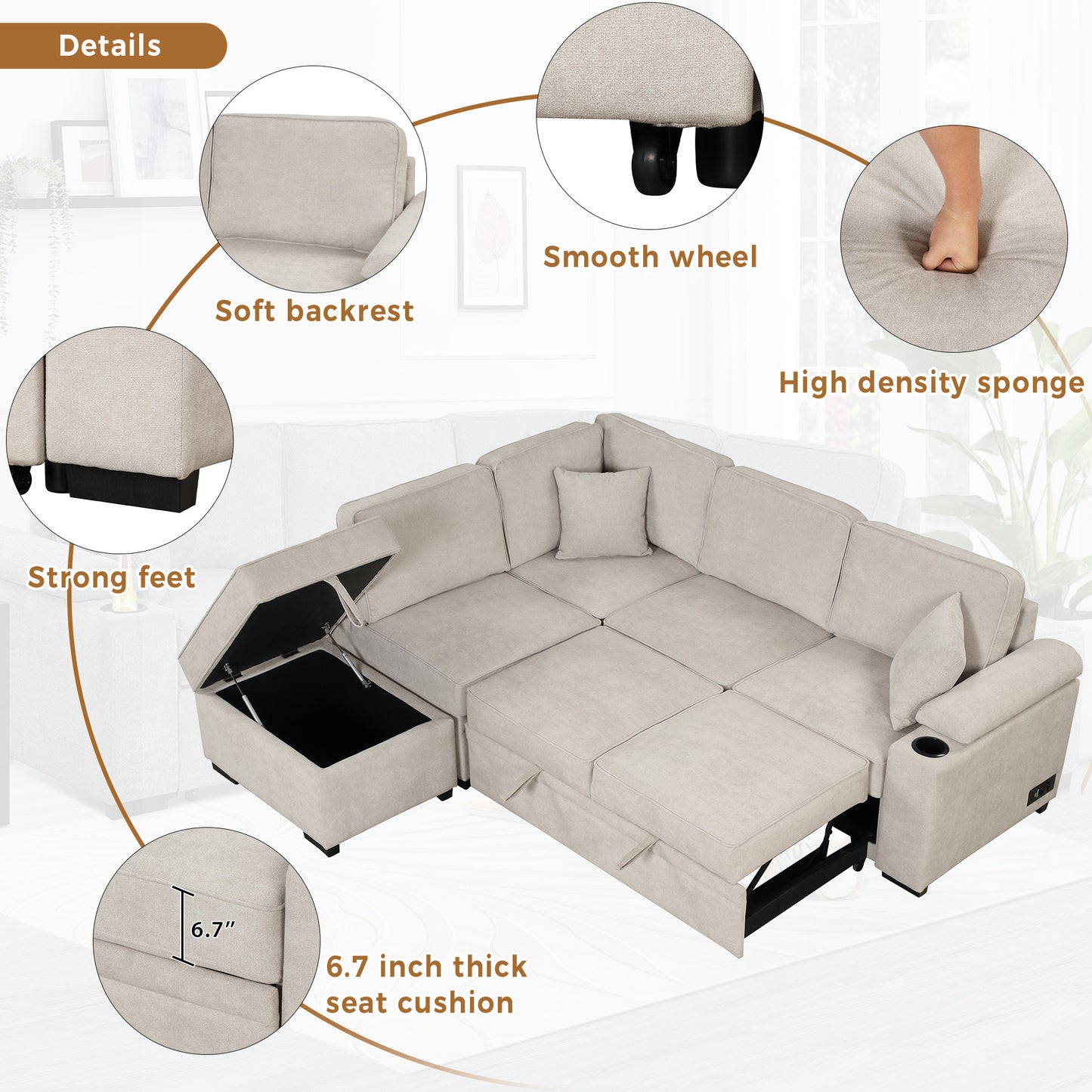 Beige sectional sofa with storage chaise and smooth wheels perfect for living rooms