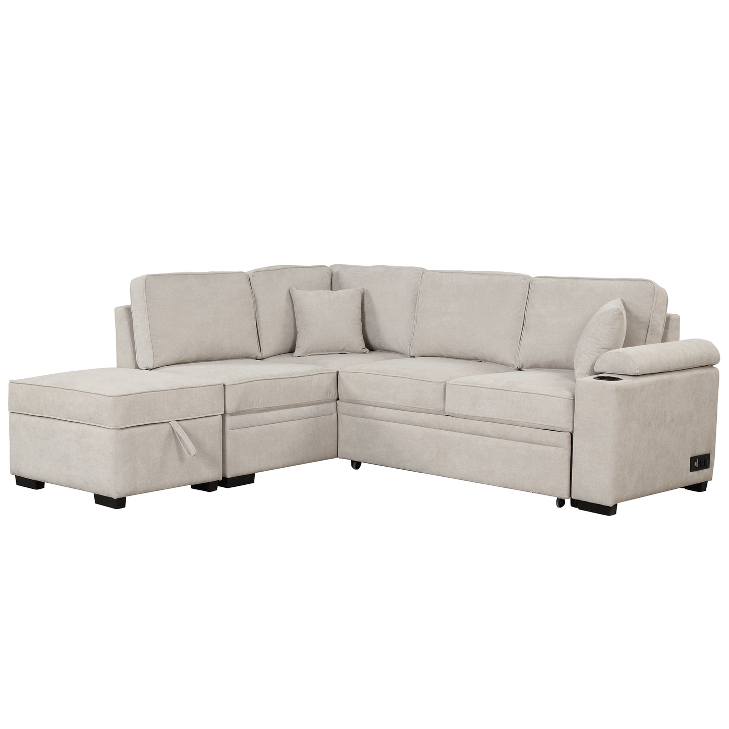 Light beige fabric sectional sofa with chaise and hidden storage Modern living room furniture