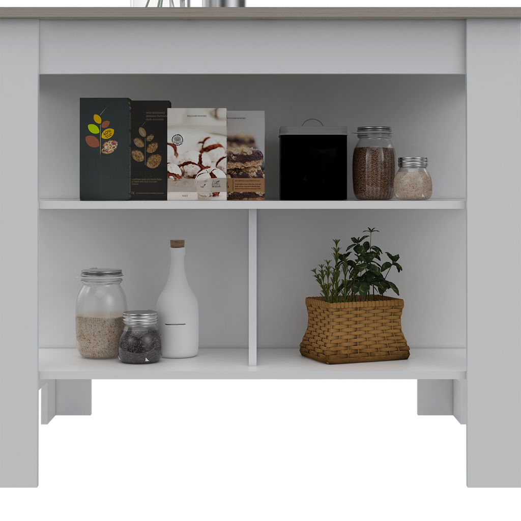 Tall glass jar filled with rolled oats on white shelf