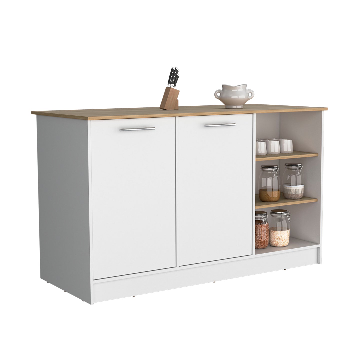 White and oak kitchen sideboard with two doors and open shelving for storage