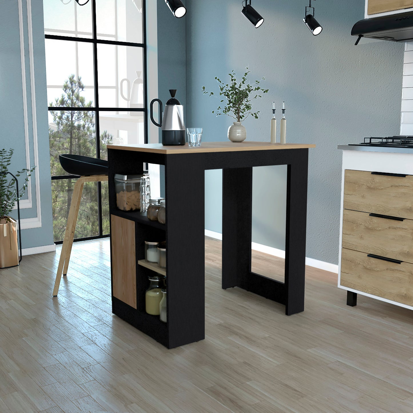 Compact black kitchen island with light wood accents and open shelving for storage