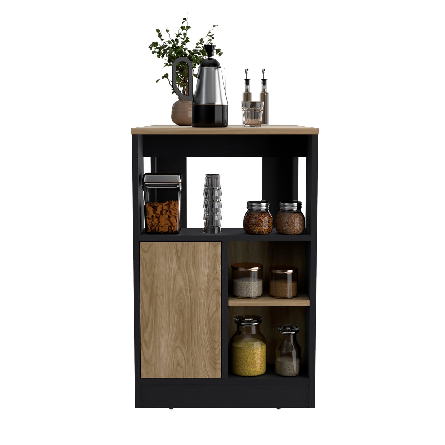 Black and wood pantry cabinet with glass jars and kitchenware
