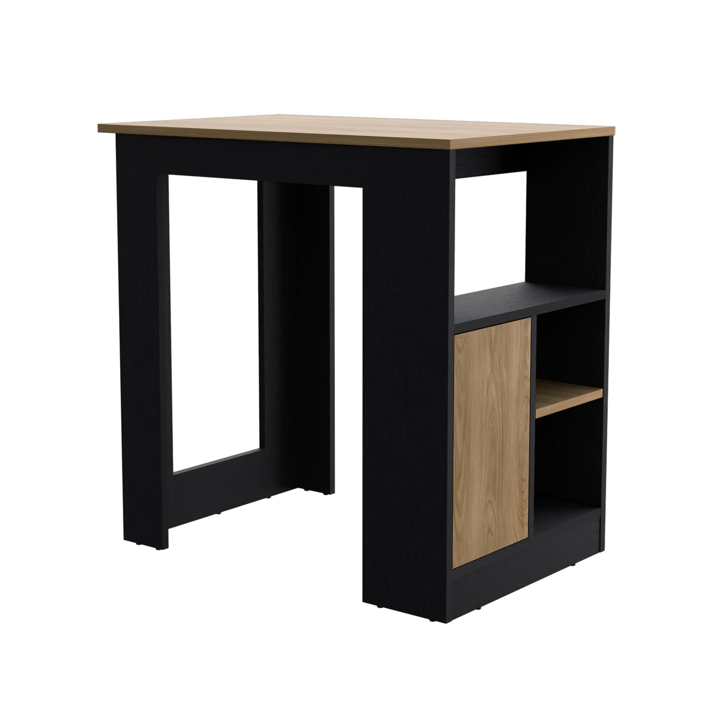 Modern black and wood bar table with open shelving and cabinet