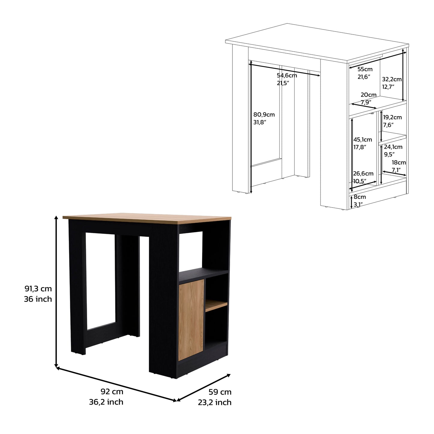 Black and wood finish bar table with builtin shelving