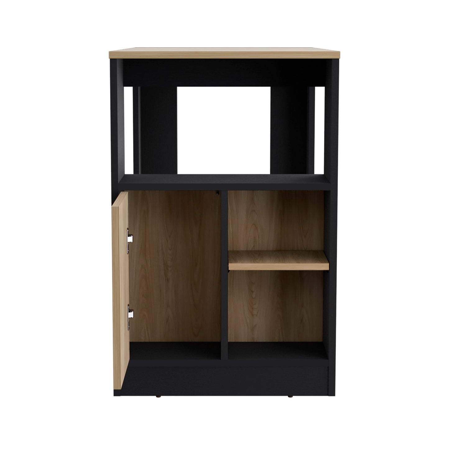 Black and wood modern media console with open shelves