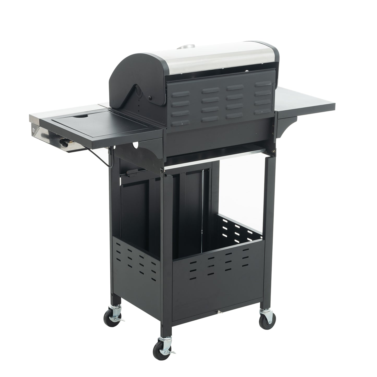 Black metal gas grill with stainless steel lid and side shelves