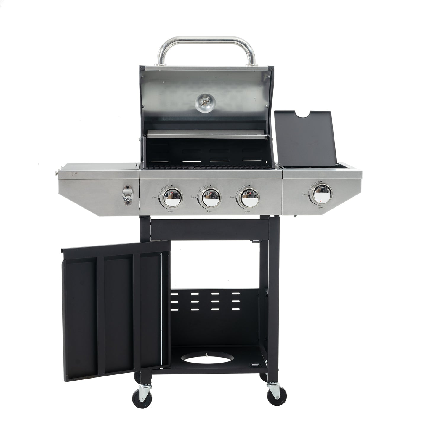 Stainless steel gas grill with four burners and black cabinet ideal for outdoor cooking