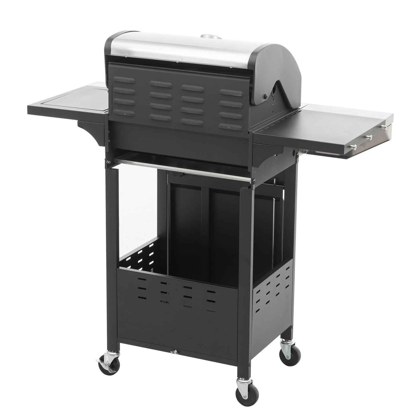Black stainless steel gas grill with side shelves and locking casters for outdoor cooking