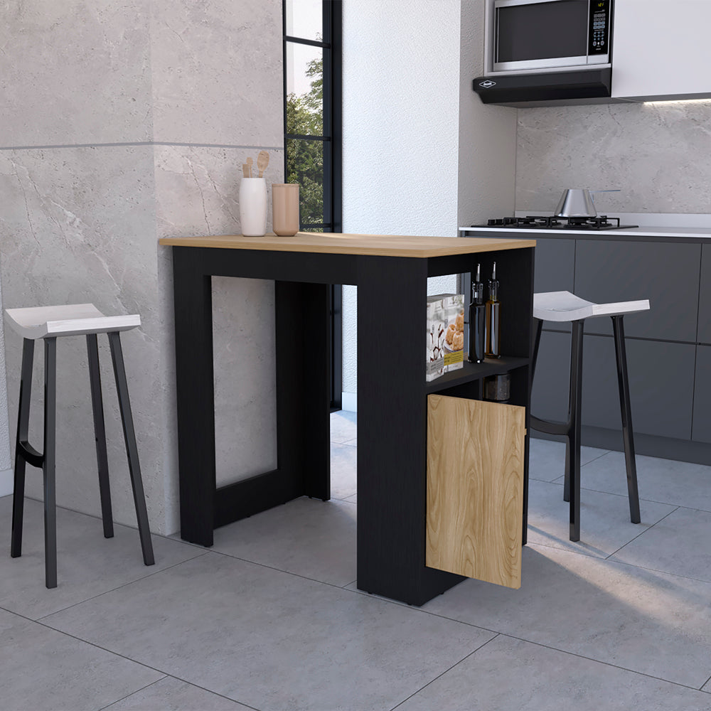 Modern black and oak kitchen counter table with integrated shelving