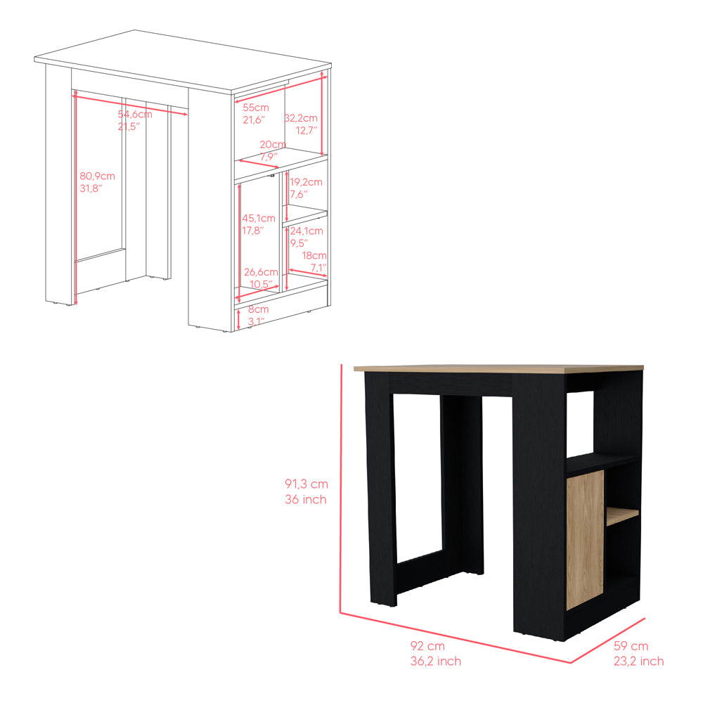 Black and oak bar table with storage shelves