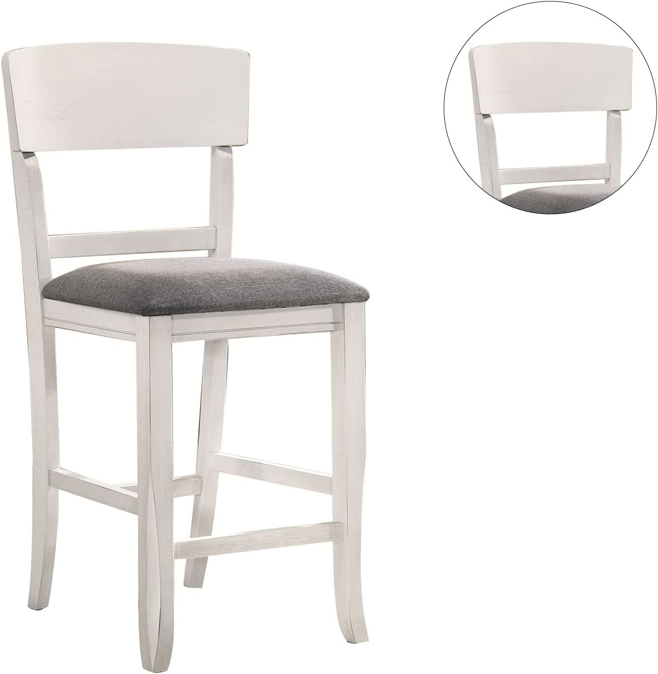White distressed wood bar stool with gray upholstered seat and curved backrest