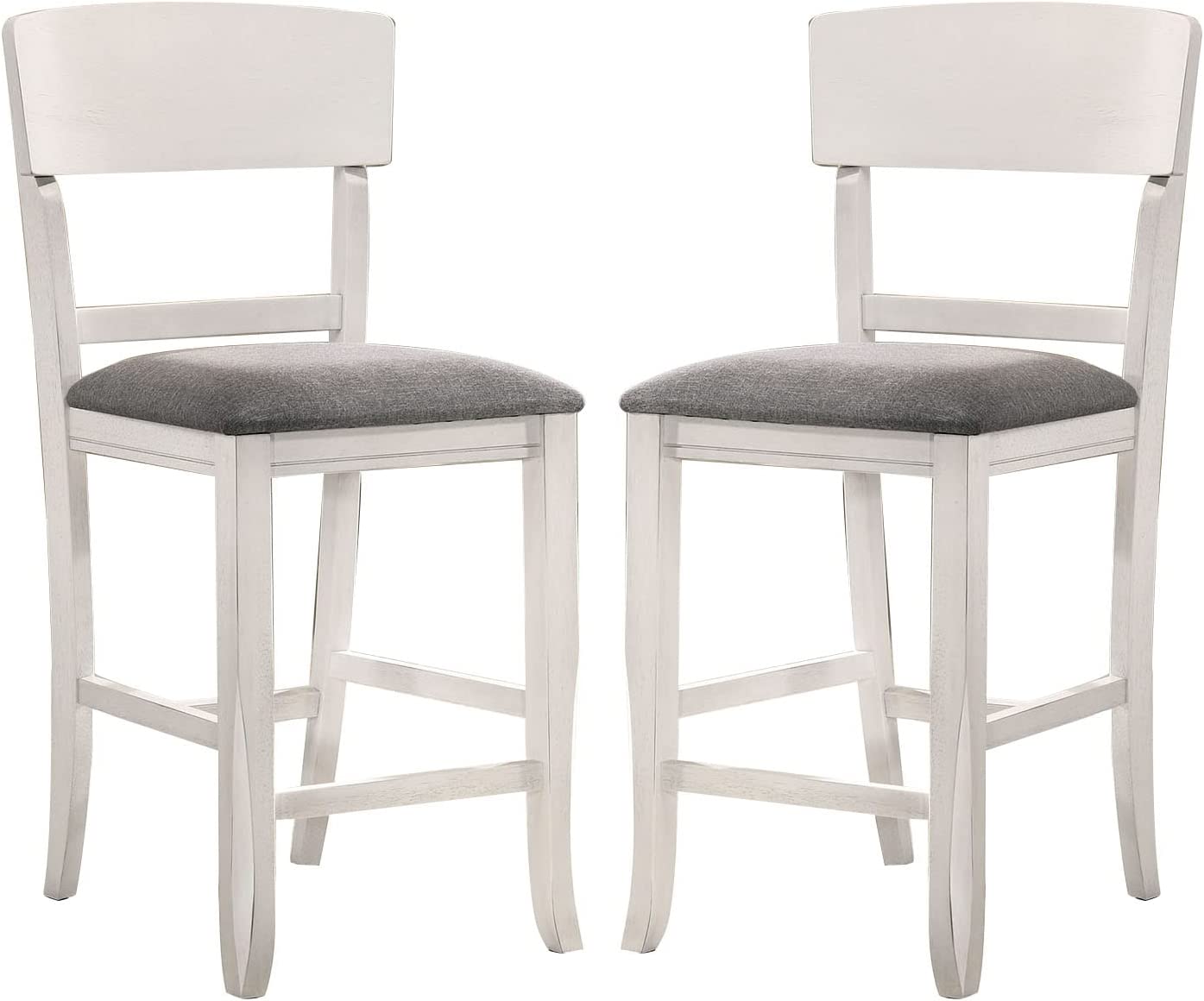 Pair of distressed white wooden bar stools with grey upholstered seats