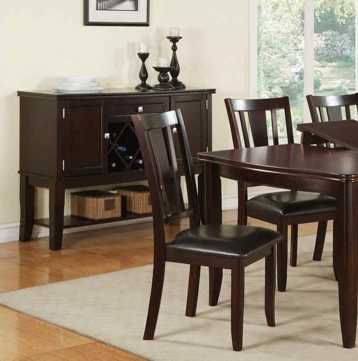 Dark espresso dining chairs with padded seats around a matching table
