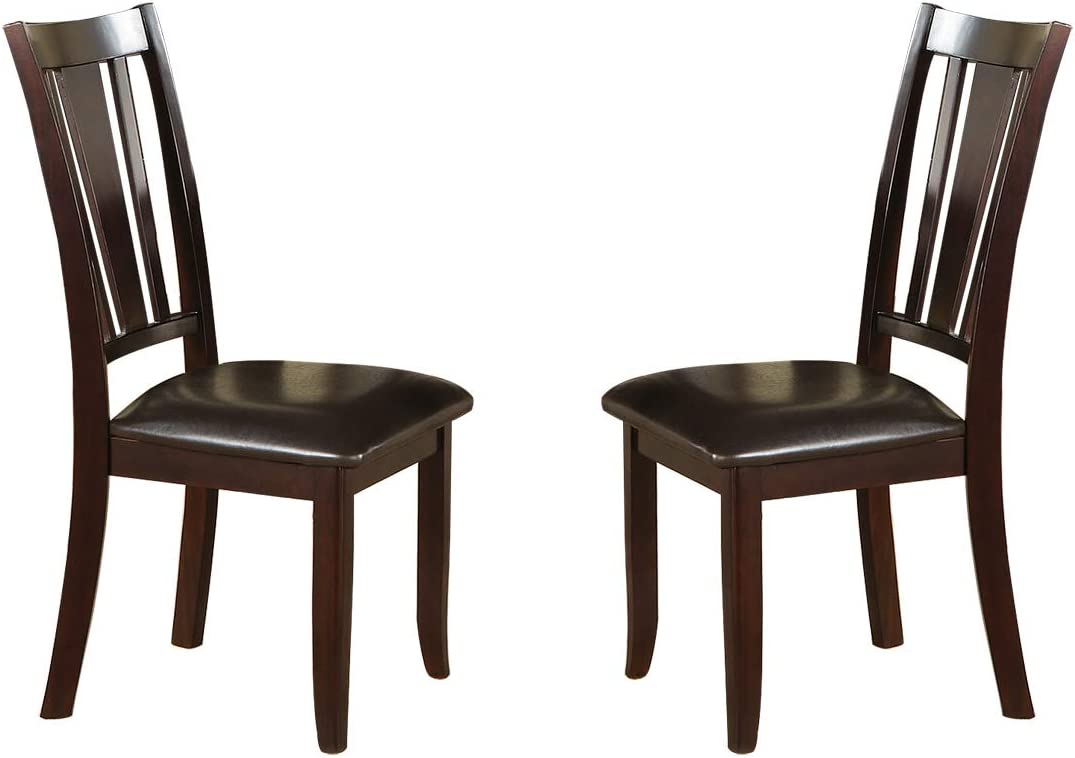 Two dark brown wooden dining chairs with slatted backs and dark leather seats