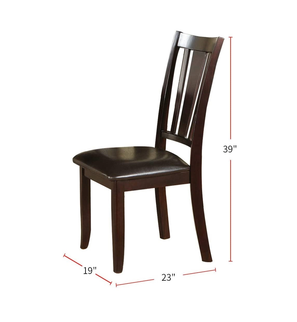 Dark brown wooden dining chair with padded faux leather seat and slatted back height