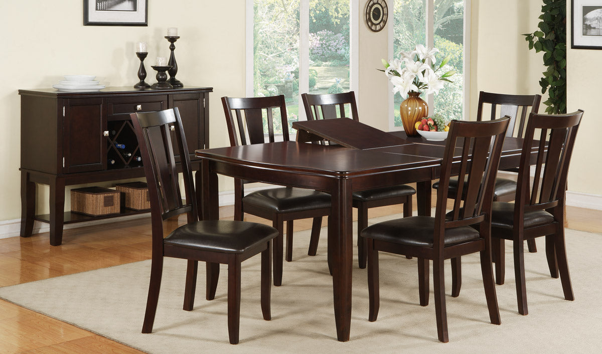 Rich espresso wood dining table with dark leather chairs for six
