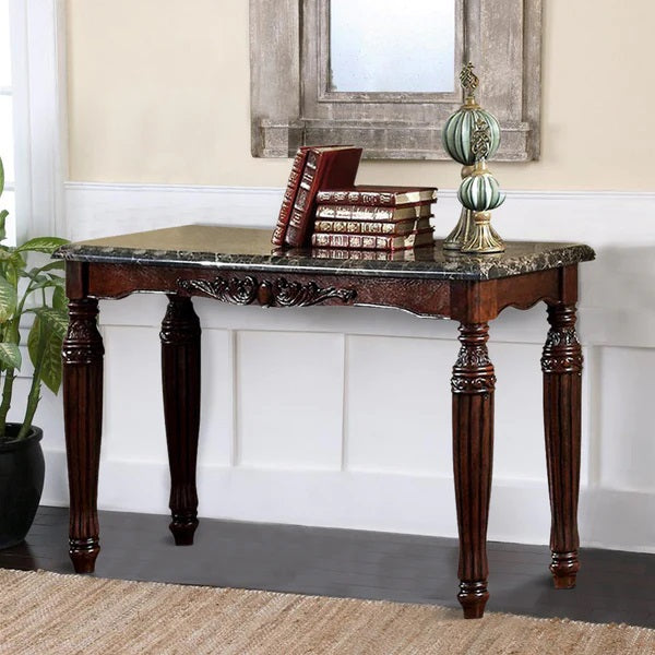 Elegant dark wood console table with marble top and ornate carved legs perfect for entryways