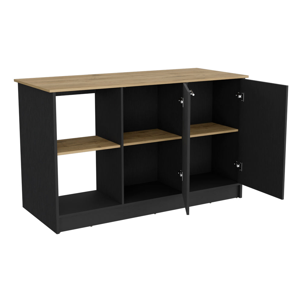 Black and wood sideboard with open doors and shelves