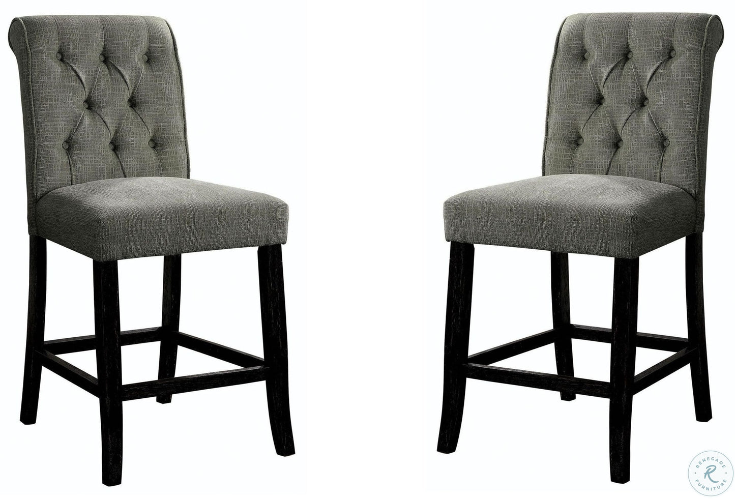 Two grey tufted bar stools with dark wood legs featuring buttontufted backs and supportive footrests