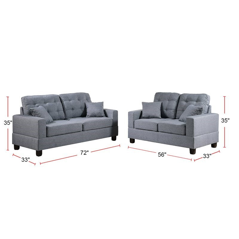 Tufted grey fabric sofa set with decorative throw pillows for living room seating