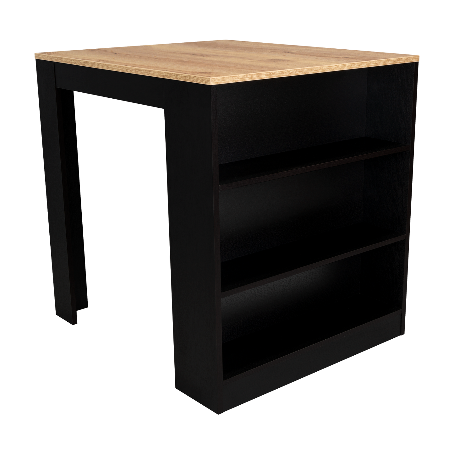 Black bar table with oakeffect top and three shelves
