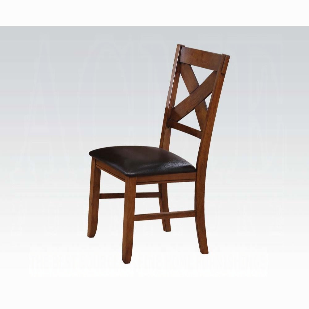 Wooden dining chair with brown faux leather seat and Xback design