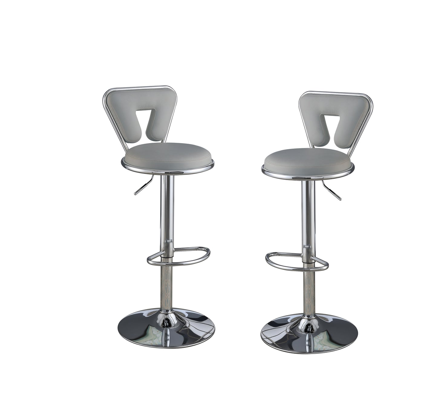 Two grey leather adjustable bar stools with chrome bases