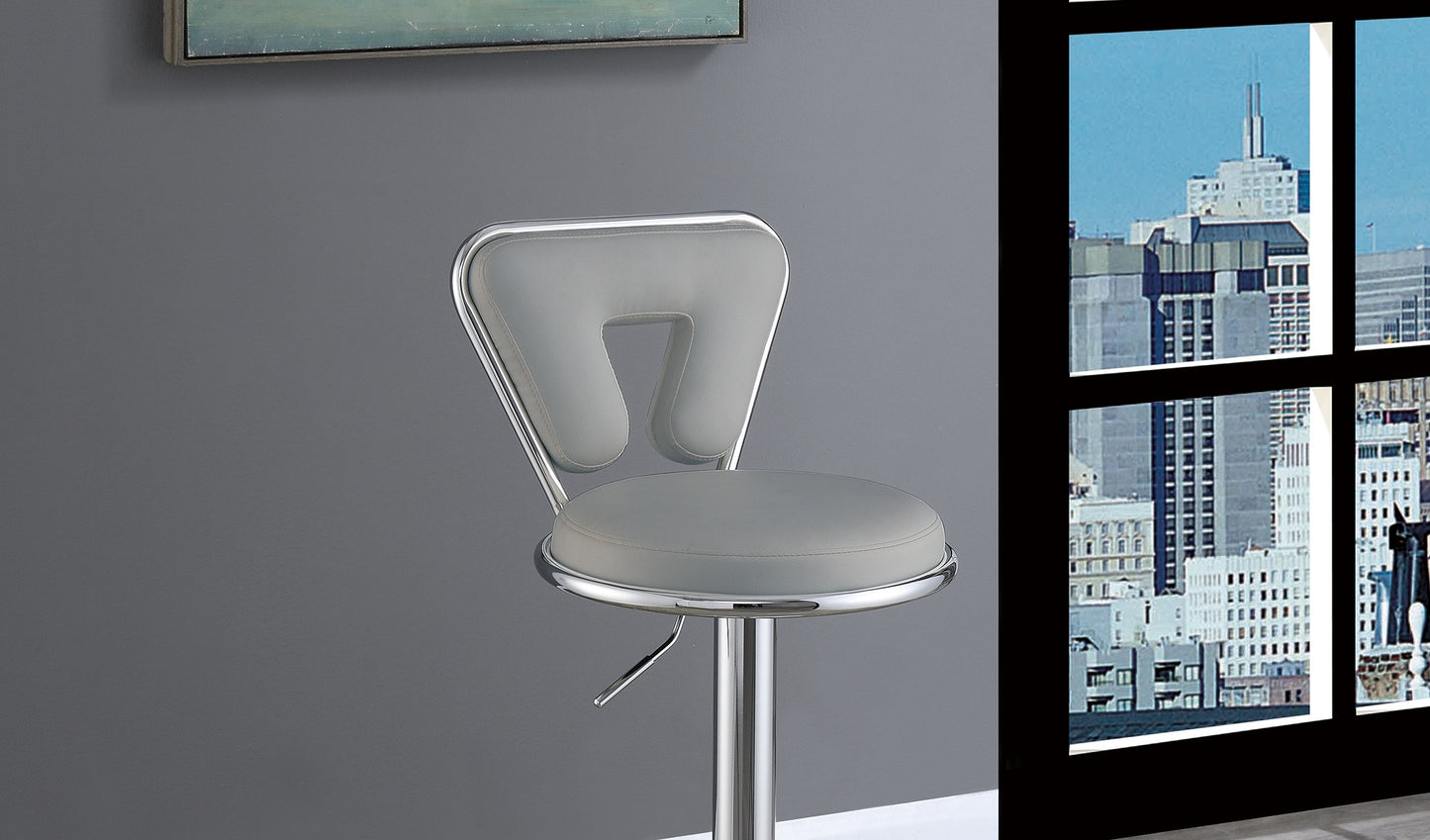 Modern grey faux leather bar stool with polished chrome frame and adjustable height