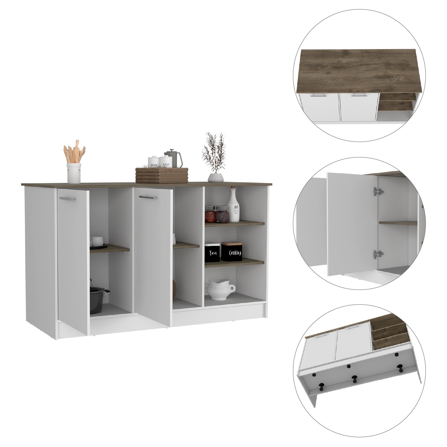 White and wood grain kitchen cabinet with three drawers and two shelved compartments