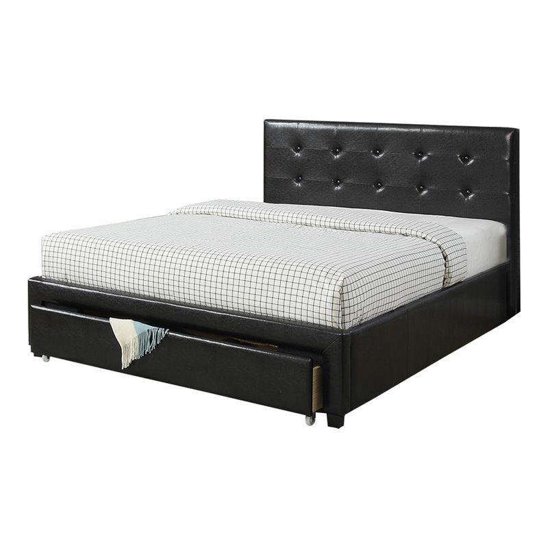 Black faux leather upholstered bed frame with tufted headboard and storage drawers