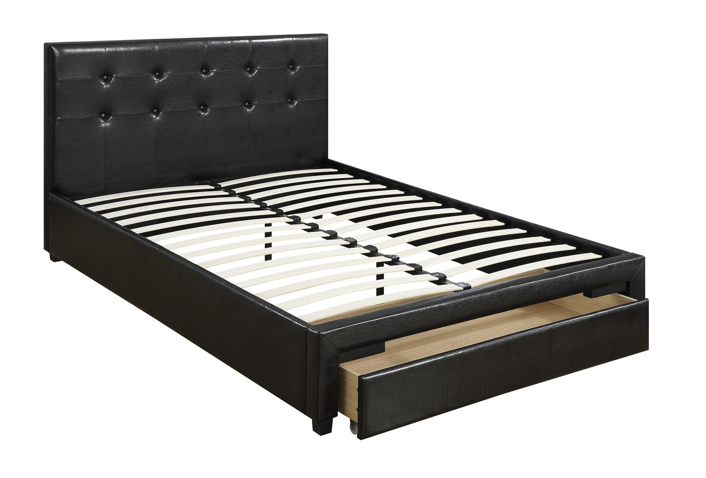 Black faux leather platform bed frame with tufted headboard and pullout storage drawer