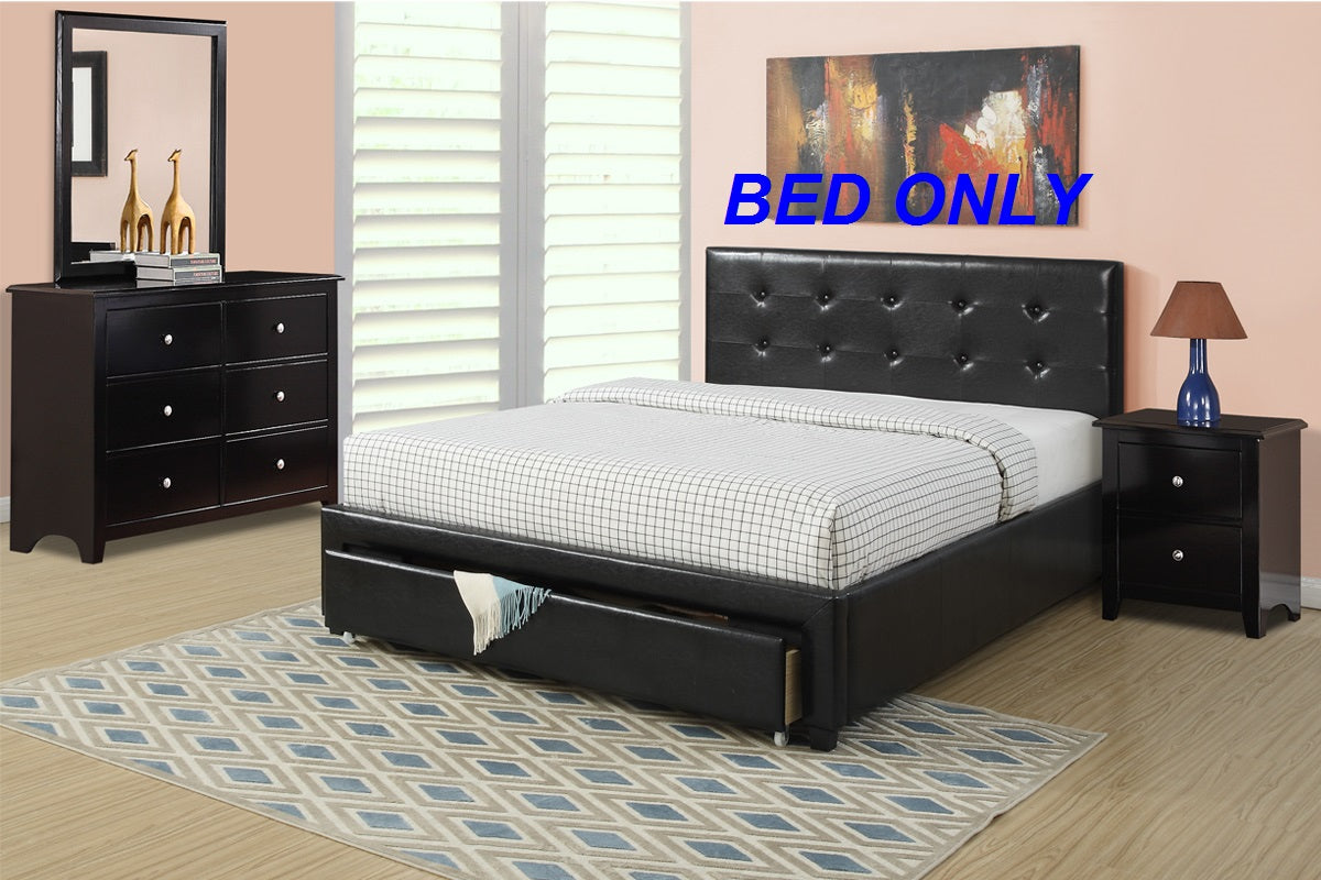 Tufted black faux leather platform bed frame with storage drawer and checkerboard bedding