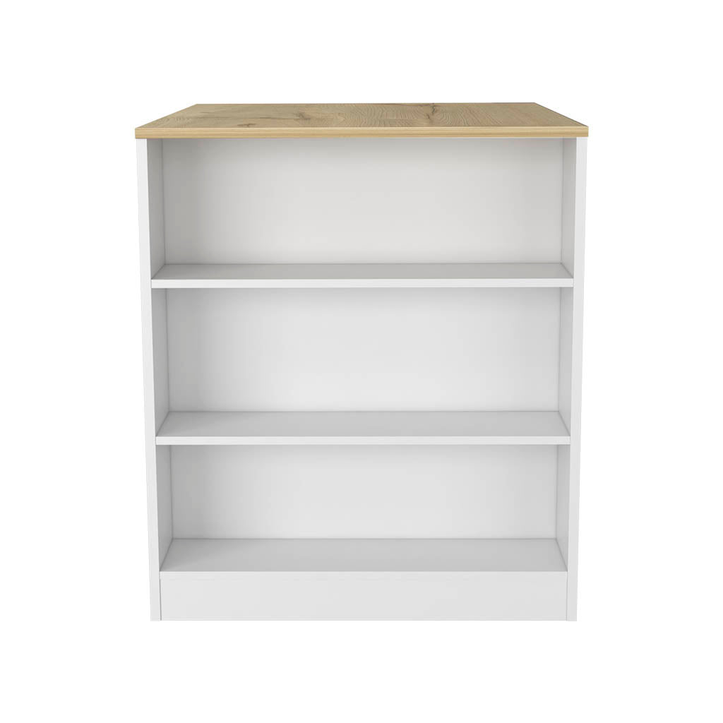 White threeshelf bookcase with light wood top