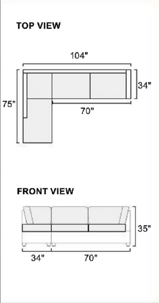 Top and front view diagram of a sectional sofa showing dimensions x x