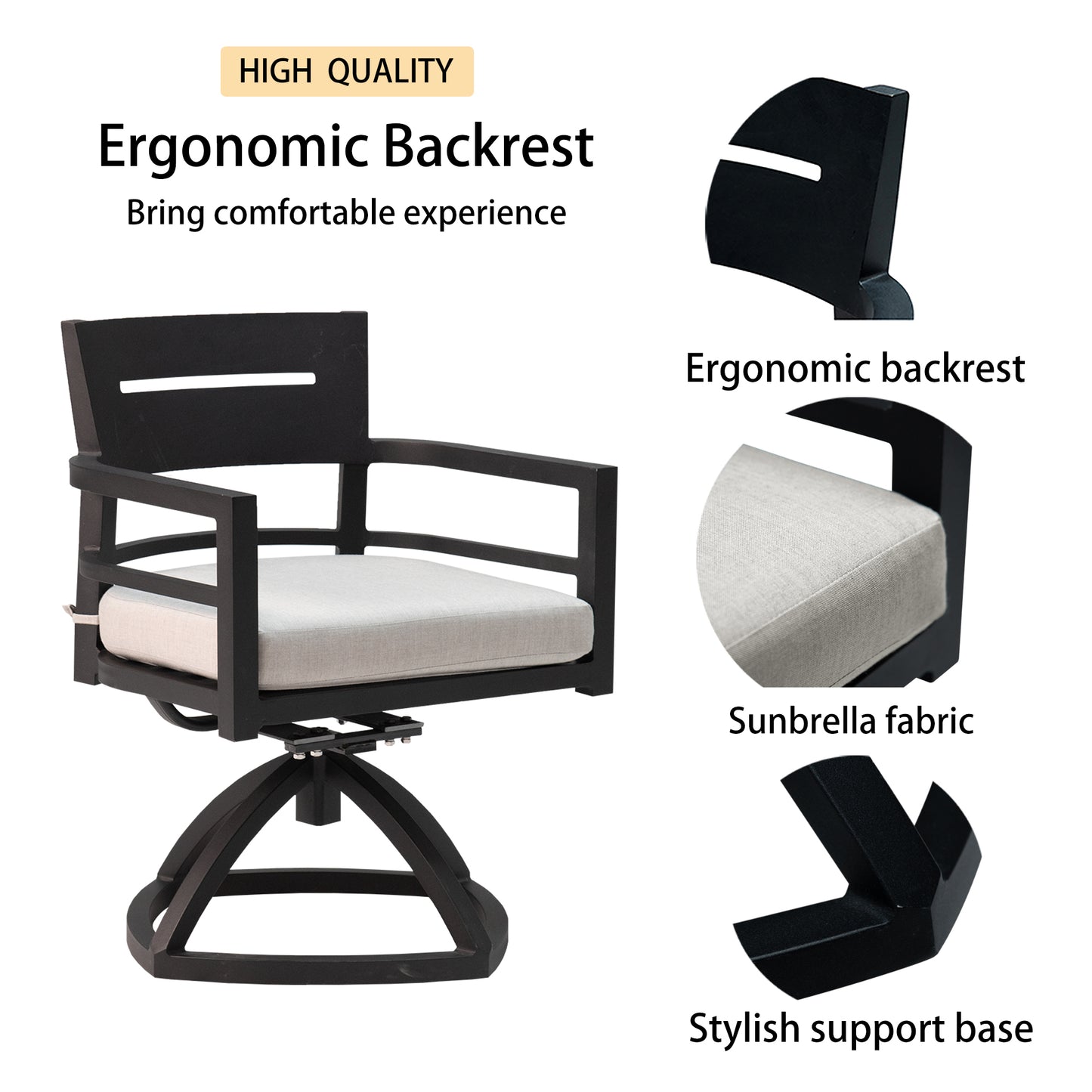 Black swivel patio chair with grey Sunbrella cushion and ergonomic backrest