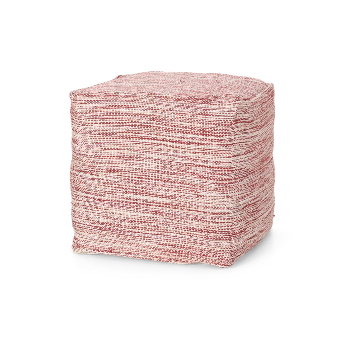 Square woven pouf with red and cream striped texture providing comfortable seating
