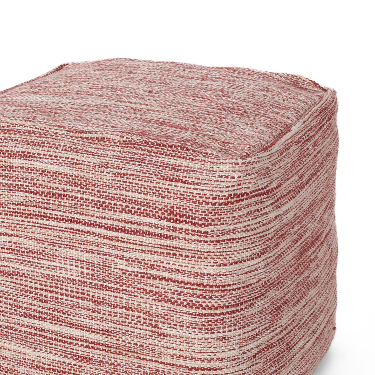 Red and cream striped woven ottoman with textured fabric surface