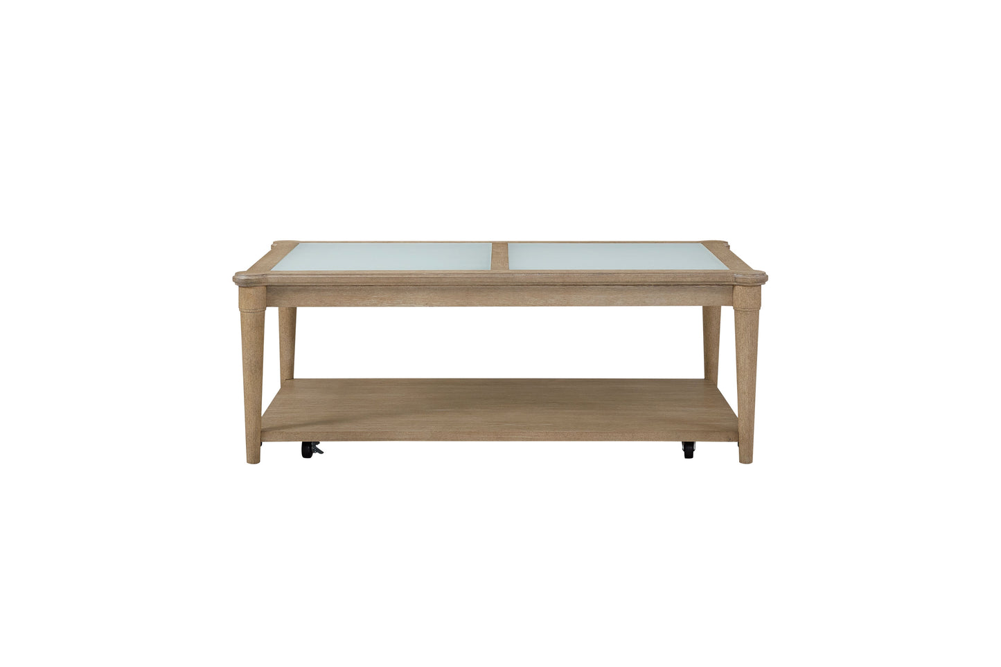Weathered oak coffee table with frosted glass top and lower shelf on wheels