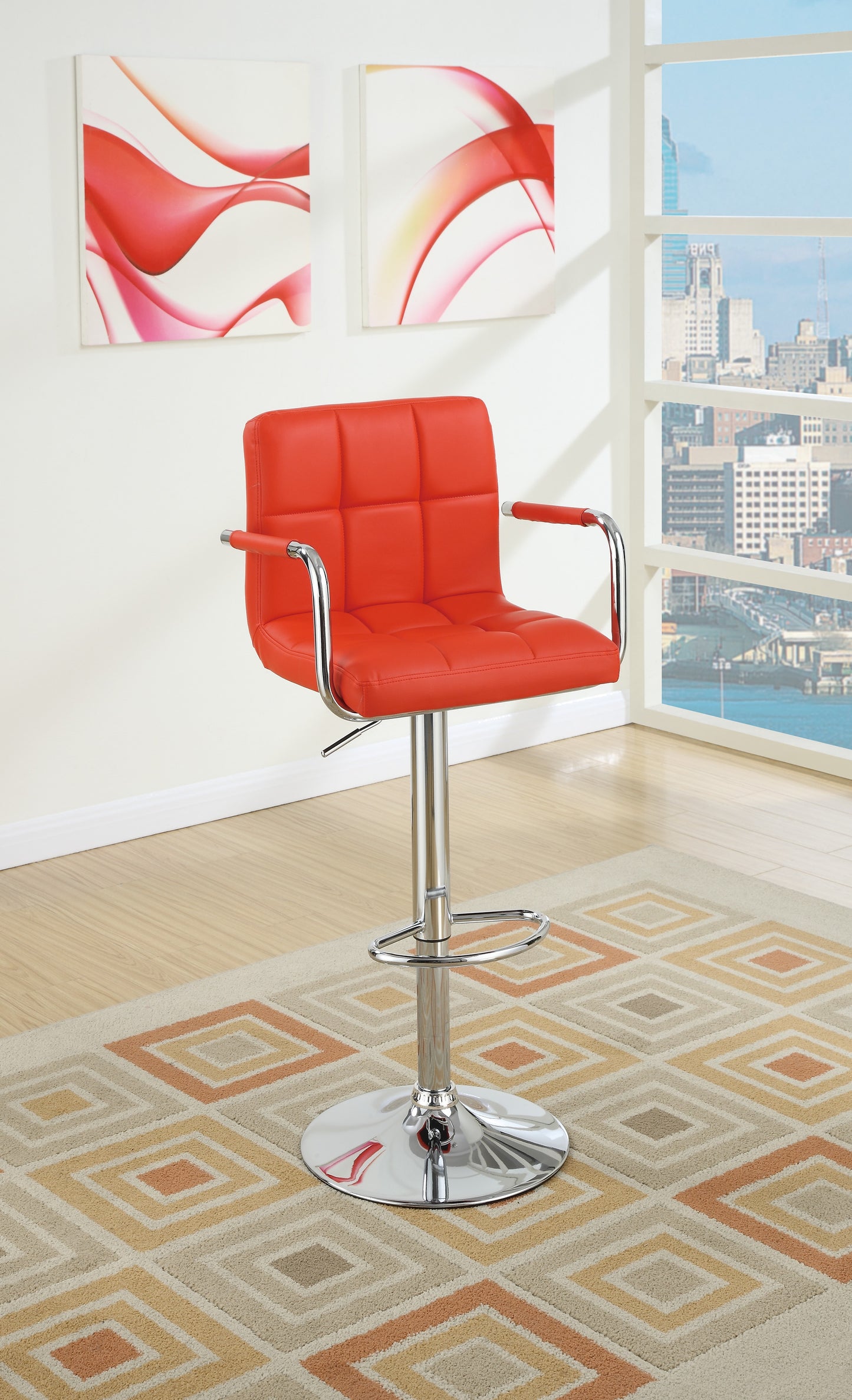 Red faux leather adjustable bar stool with chrome base and armrests
