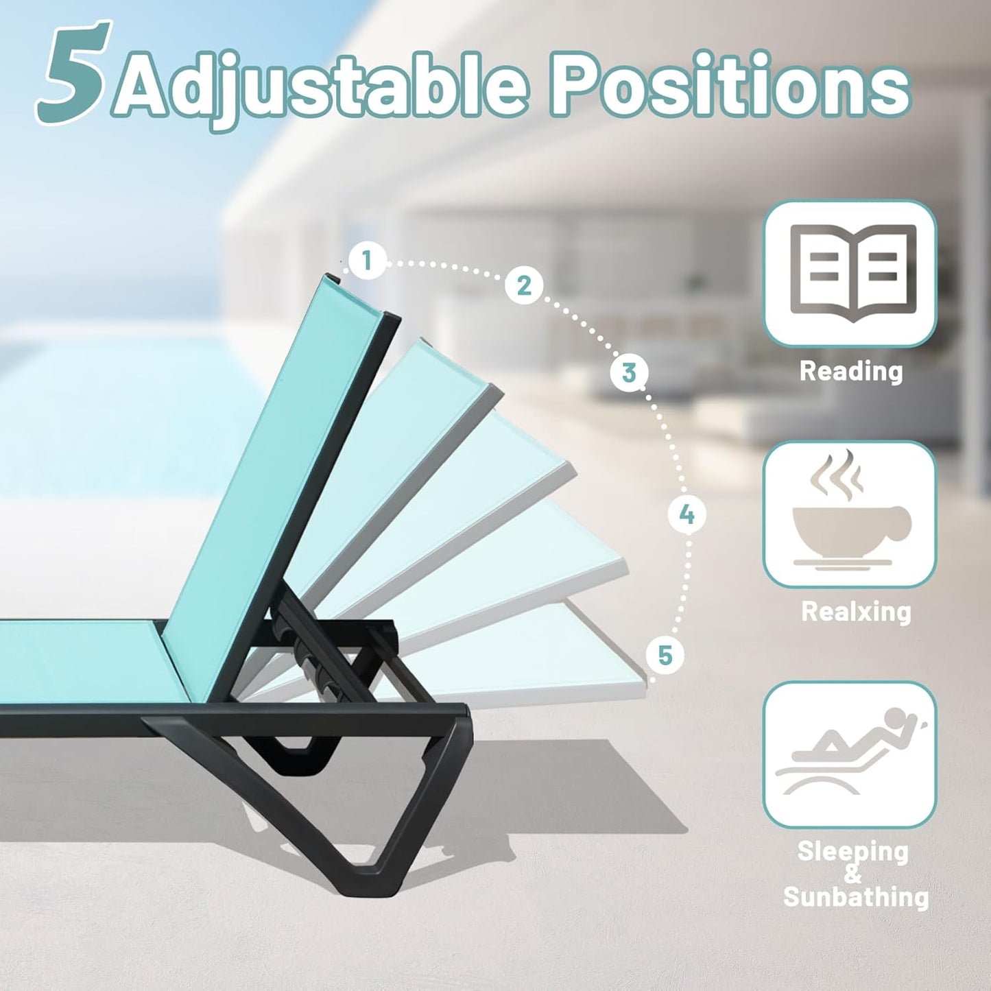 Turquoise chaise lounge with black frame showcasing adjustable positions for relaxation