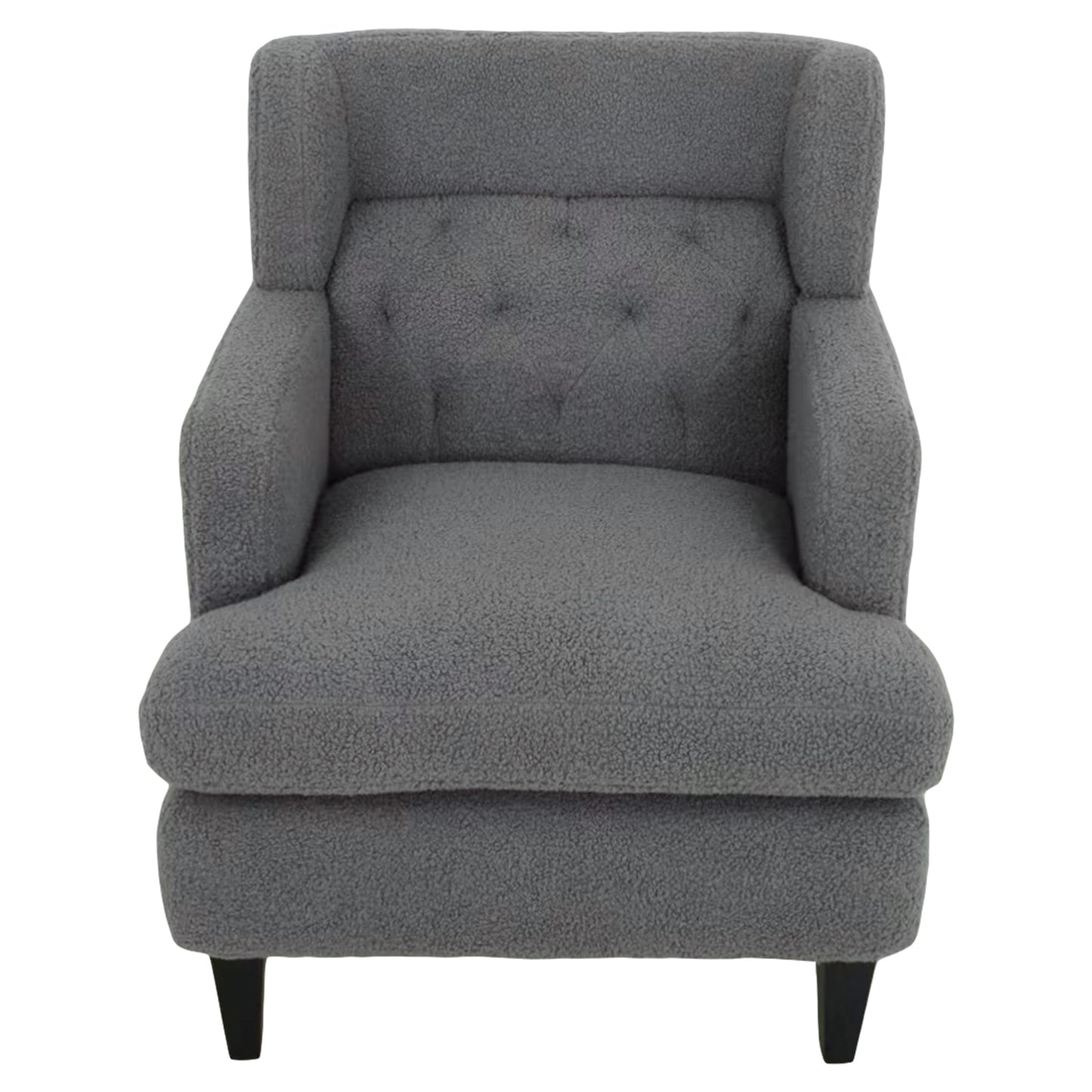Gray teddy fabric armchair with tufted back and black legs