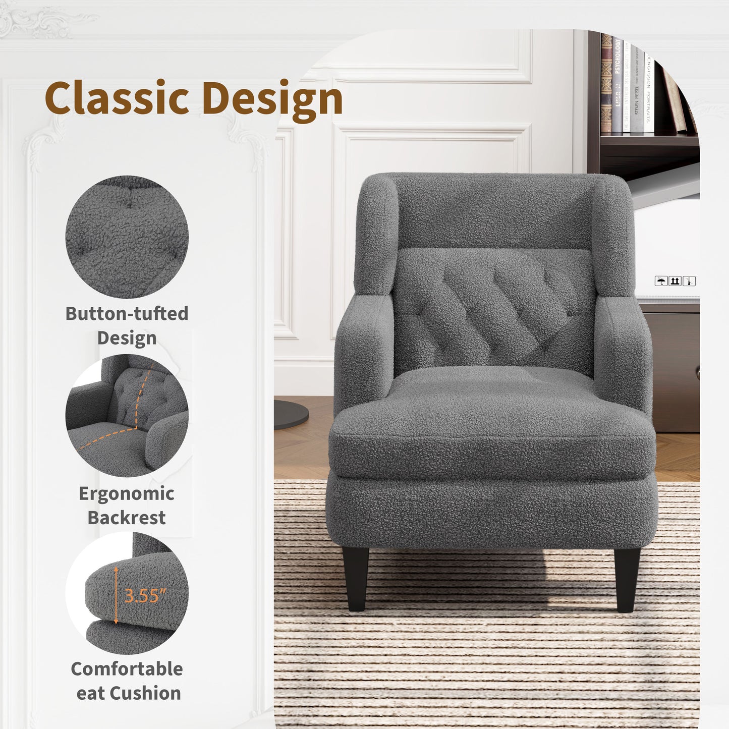 Gray boucle fabric armchair with buttontufted back and plush seat cushion