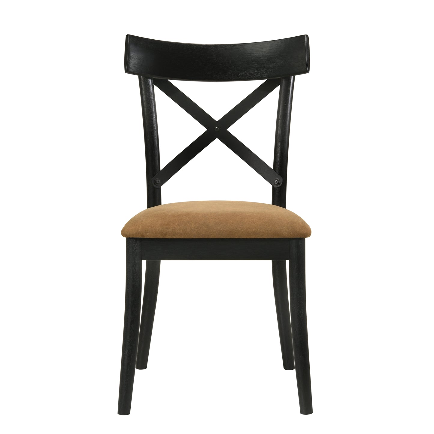 Black wooden dining chair with tan upholstered seat and Xback detail
