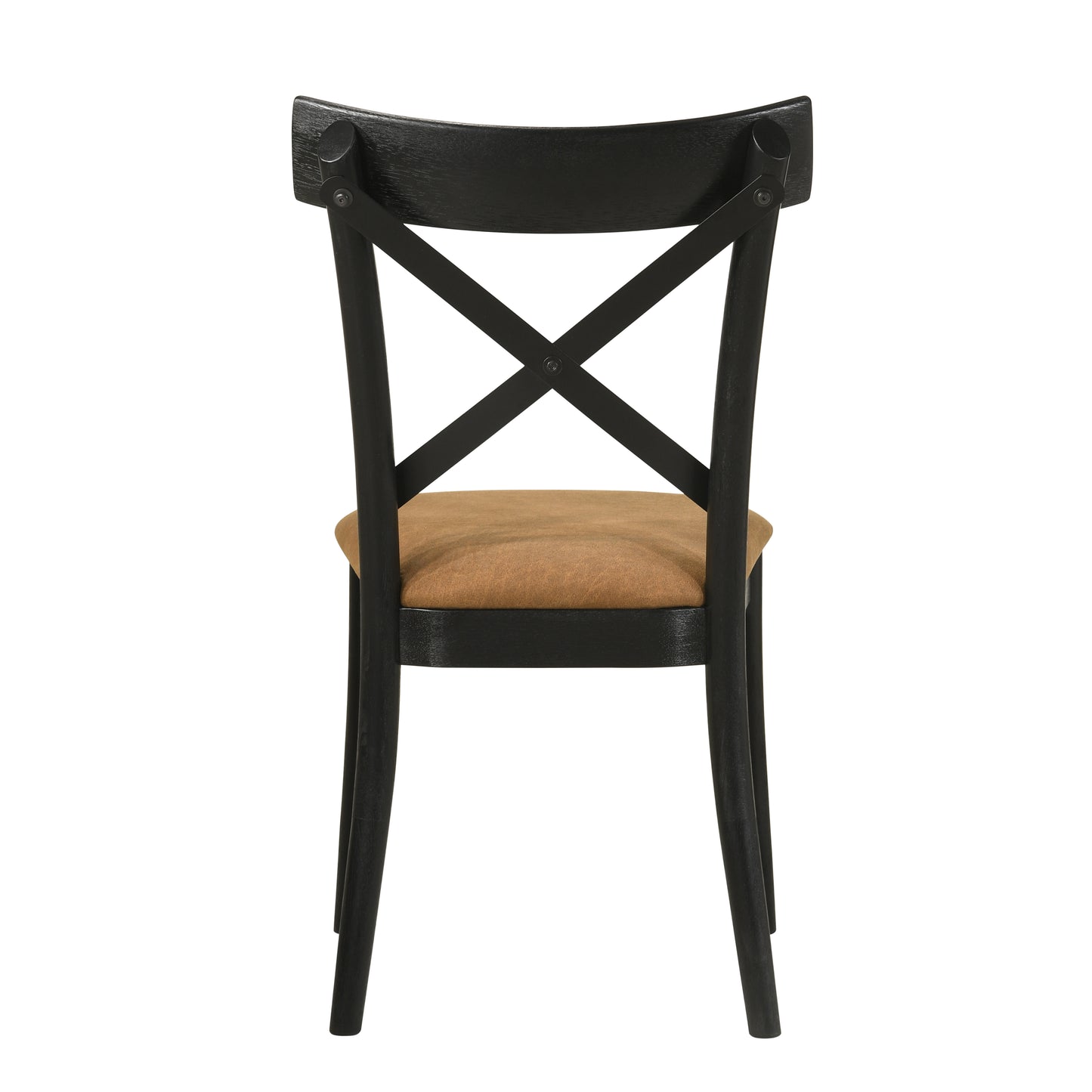 Black wooden dining chair with tan seat and crisscross backrest