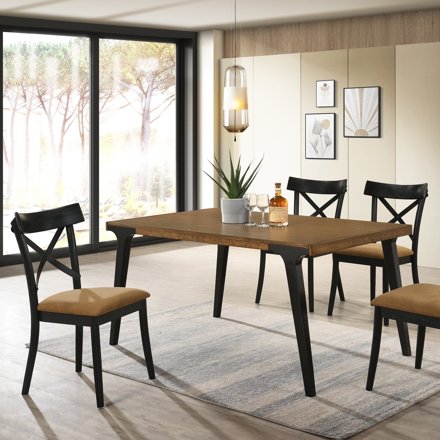 Rustic oak dining table with Xback chairs and tan upholstered seats