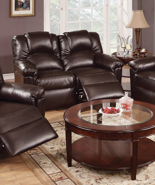 Dark brown leather reclining sofa with plush cushioning perfect for living rooms