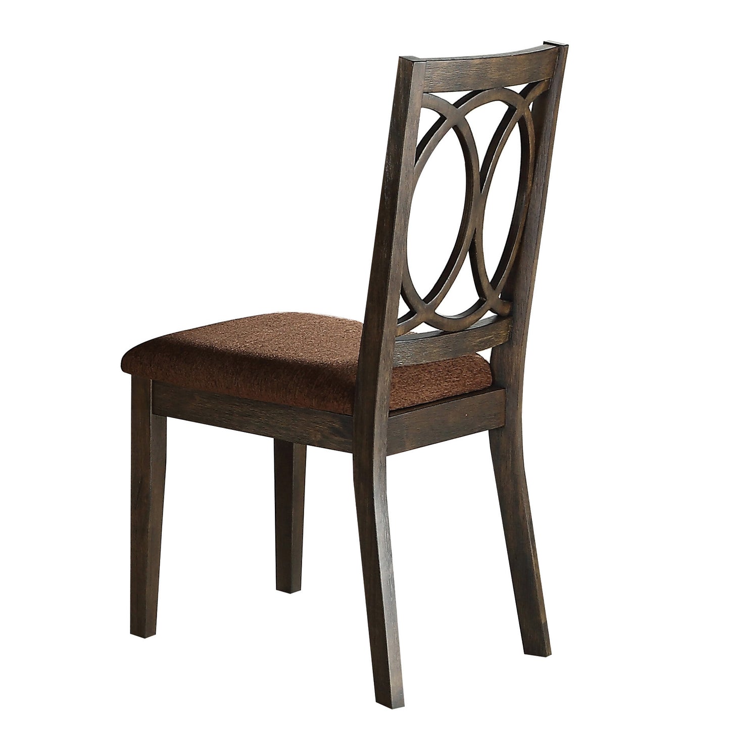 Dark wood dining chair with upholstered seat and geometric backrest detail