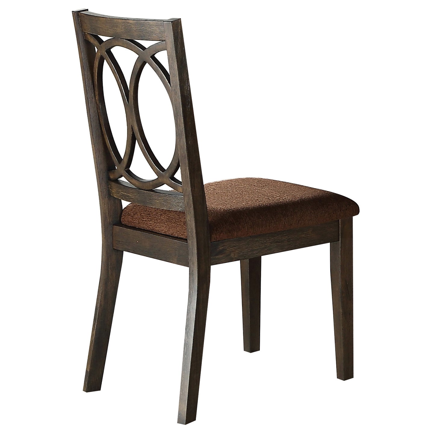 Dark wood dining chair with upholstered brown seat and decorative open back cutout