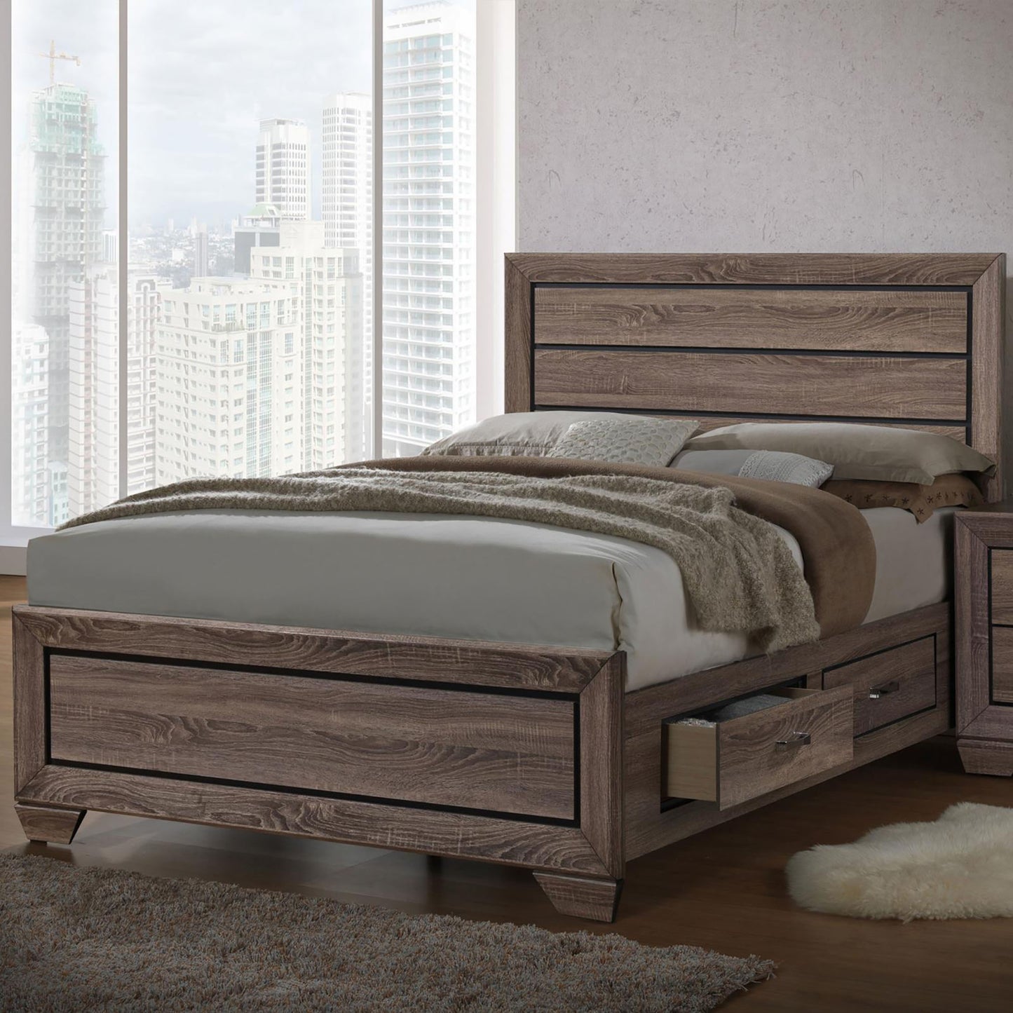 Modern grey wood queen bed frame with two builtin storage drawers Perfect for contemporary bedrooms
